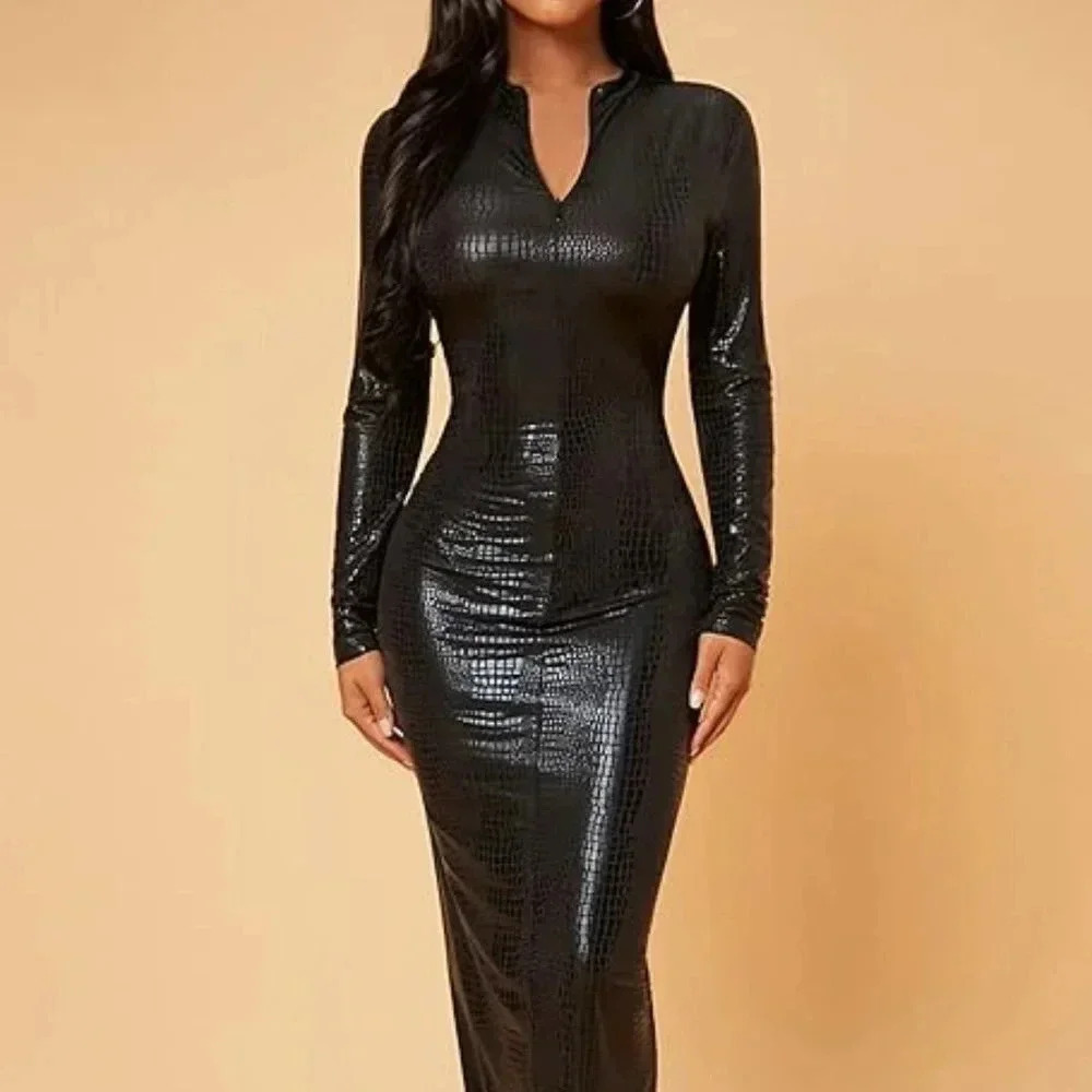 Leather Long Sleeve V Neck Maxi Bodycon Dress